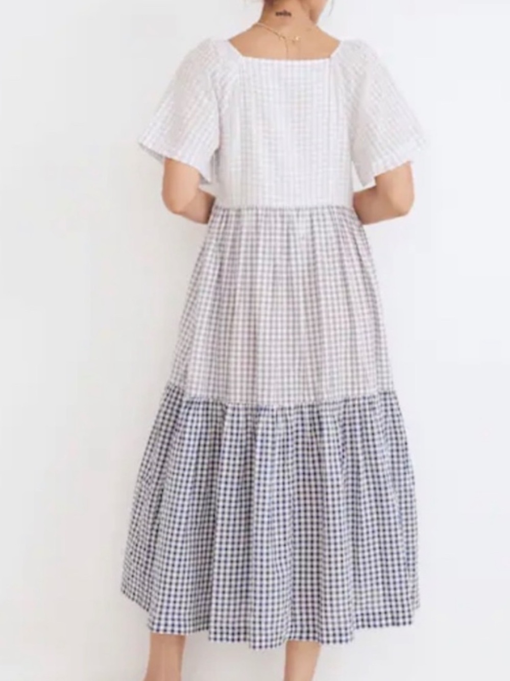Madewell Patchwork Gingham Button Front Tiered Midi Dress - Picture 3 of 5